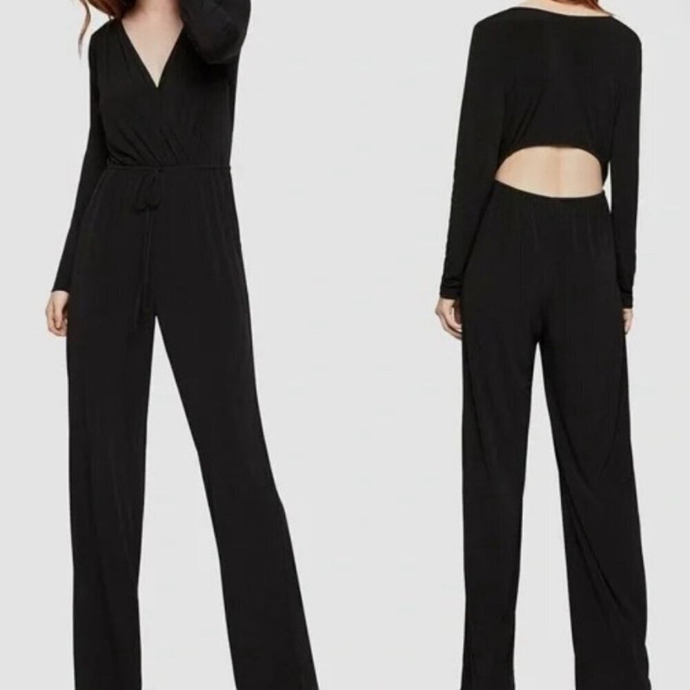 NWT BCBGeneration black long-sleeve open-back surplice jumpsuit. SIZE L
